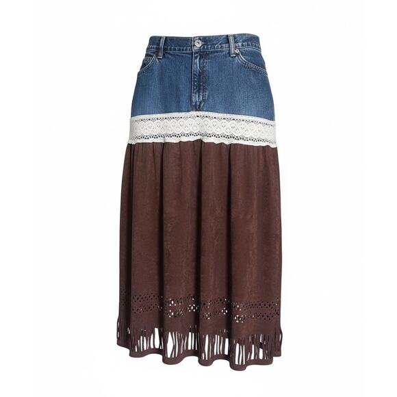 GAP Dresses & Skirts - VTG Gap Upcycled Denim & Brown Fringe Skirt Women Sz 16 Western Cowgirl USA